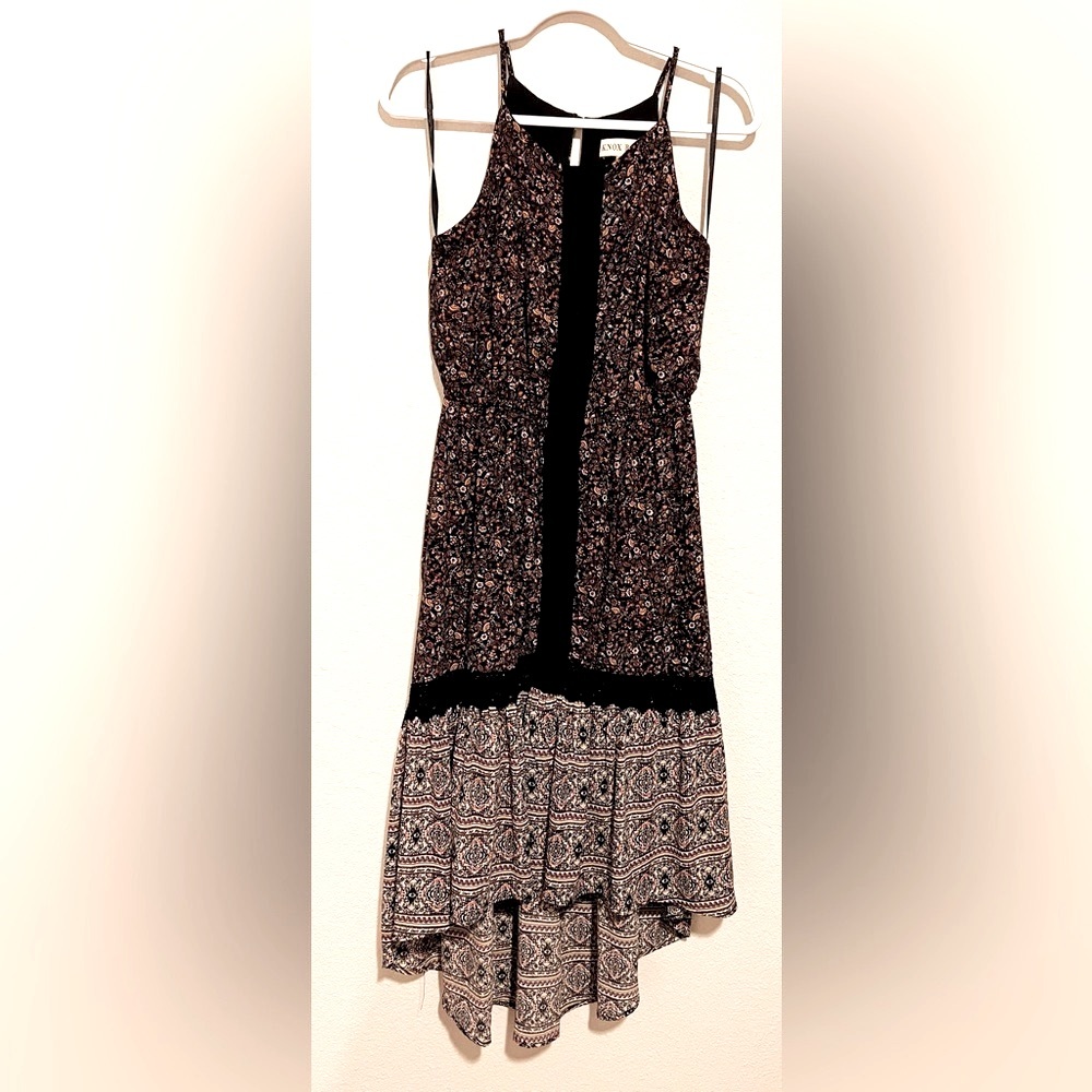 Knox Rose Black Floral Boho Cottage Embroidered Hi-lo Midi Strapless Dress Sz M